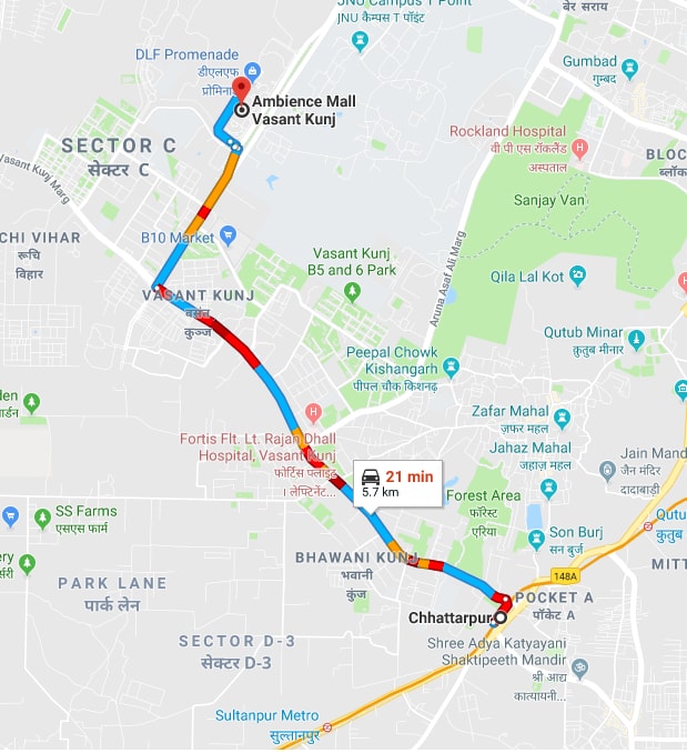 chatterpur metro station to ambience mall by car.jpg