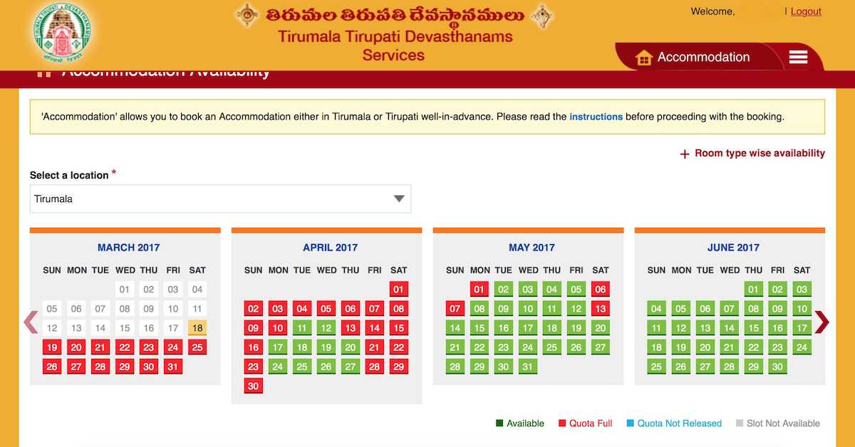 Ttd Online Accommodation Availability Chart