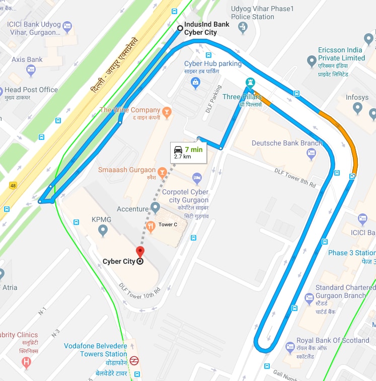 indus bank metro station to cyber city by car.jpg