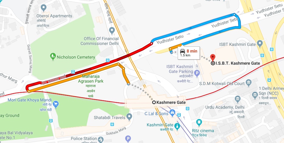 kashmere gate metro station to ISBT by car.jpg