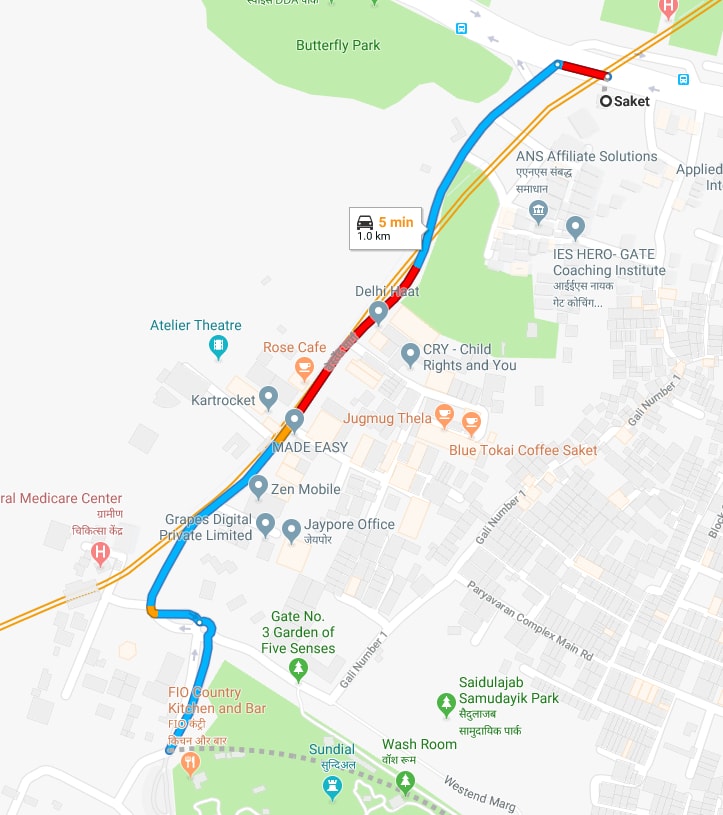 saket metro station to garden of five senses by car.jpg