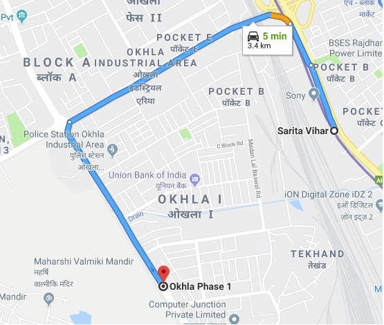 sarita vihar metro station to okhla phase 1 by car.png