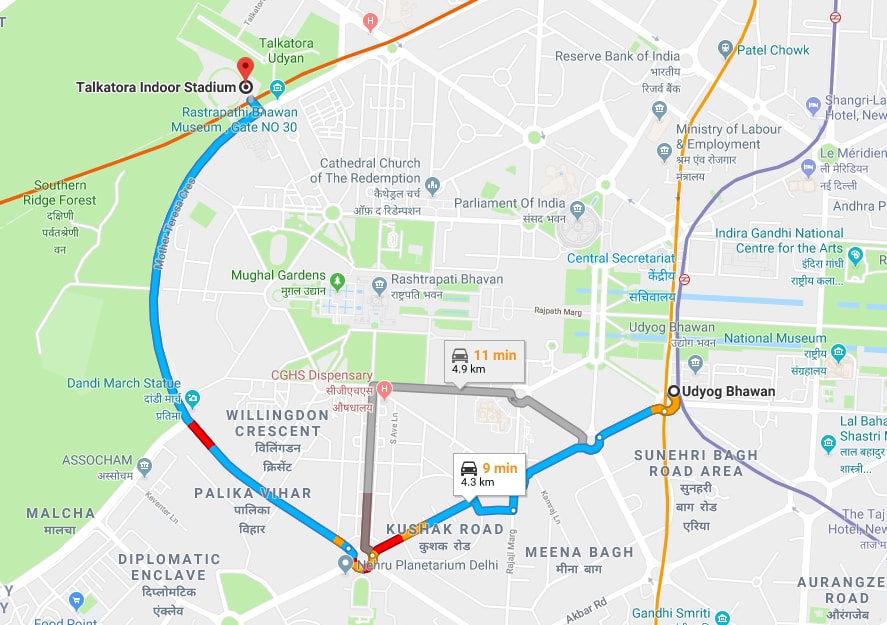 udyog bhawan metro station to talkatora stadium by car.jpg
