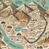 A detailed illustrated travel map of Ladakh, India, highlighting key locations such as Leh, N...webp