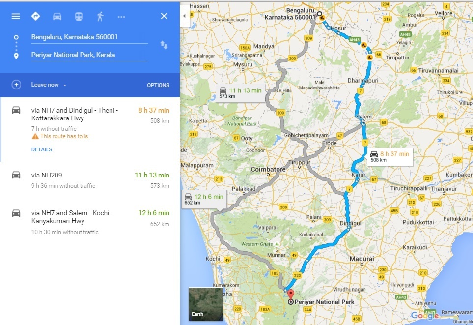 Bangalore To Periyar Route Map